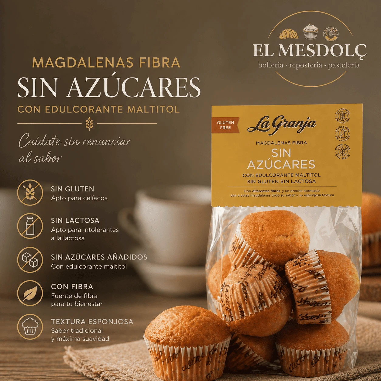 Magdalenas Fibra Sin Azúcar Maltitol Sin Gluten Sin Lactosa LA GRANJA - Comprar Magdalenas online | El Mes Dolç
