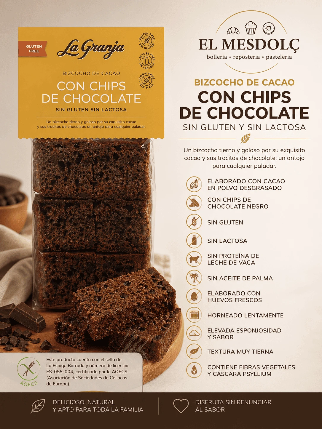 Bizcocho Cacao Chips Chocolate Sin Gluten Sin Lactosa - Comprar Bizcochos online | El Mes Dolç