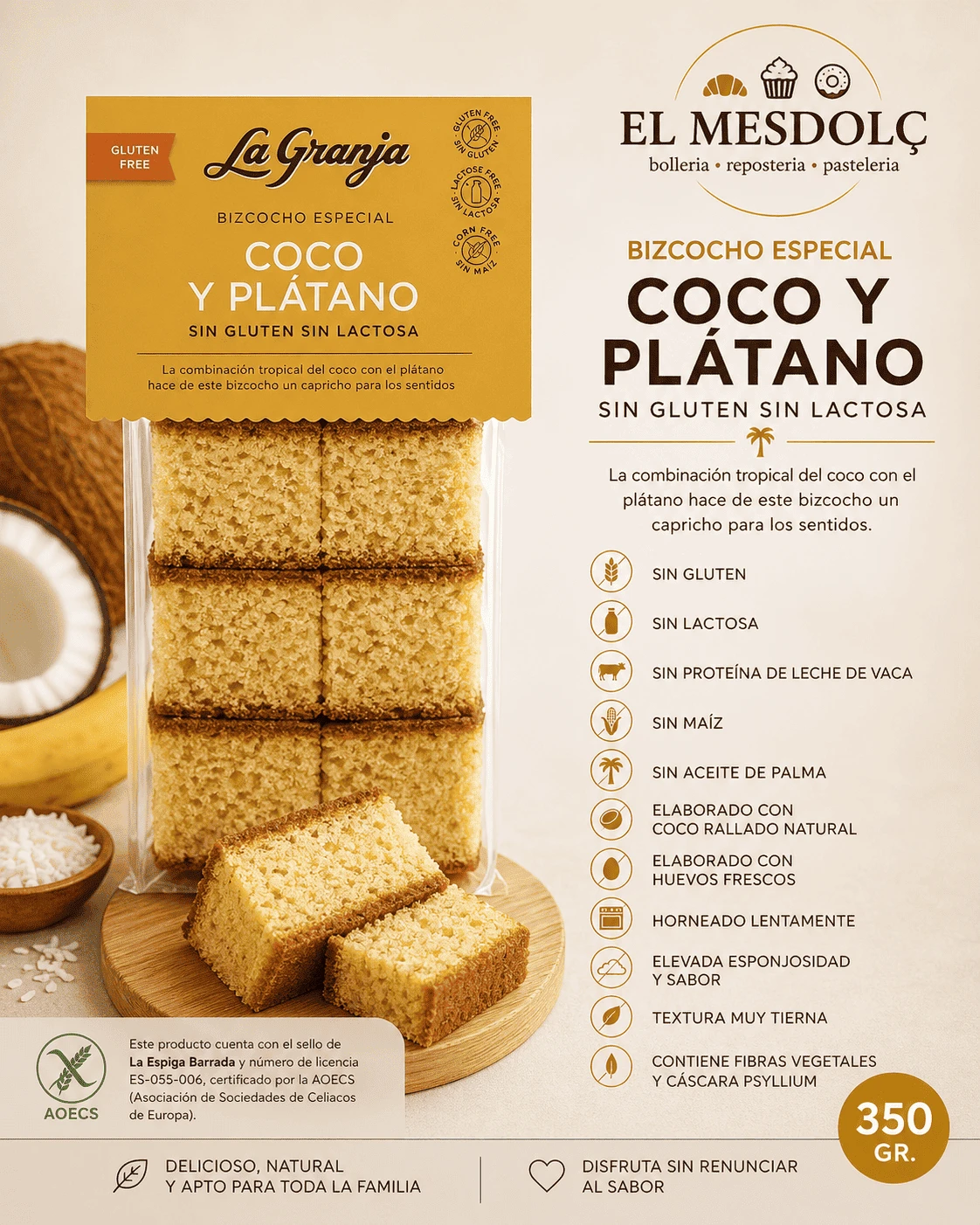 Bizcocho Coco Plátano Sin Gluten Sin Lactosa La Granja - Comprar Bizcochos online | El Mes Dolç