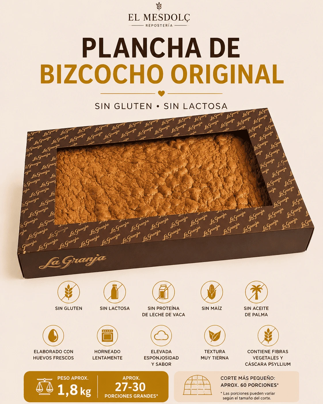 Plancha 1.8kg Bizcocho Original Sin Gluten Sin - Comprar Bizcochos online | El Mes Dolç
