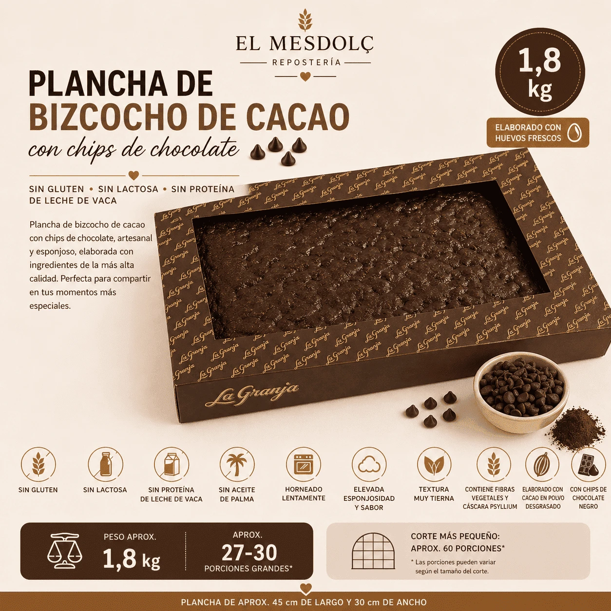 Plancha 1.8kg Bizcocho Cacao Chips Sin Gluten Sin - Comprar Bizcochos online | El Mes Dolç
