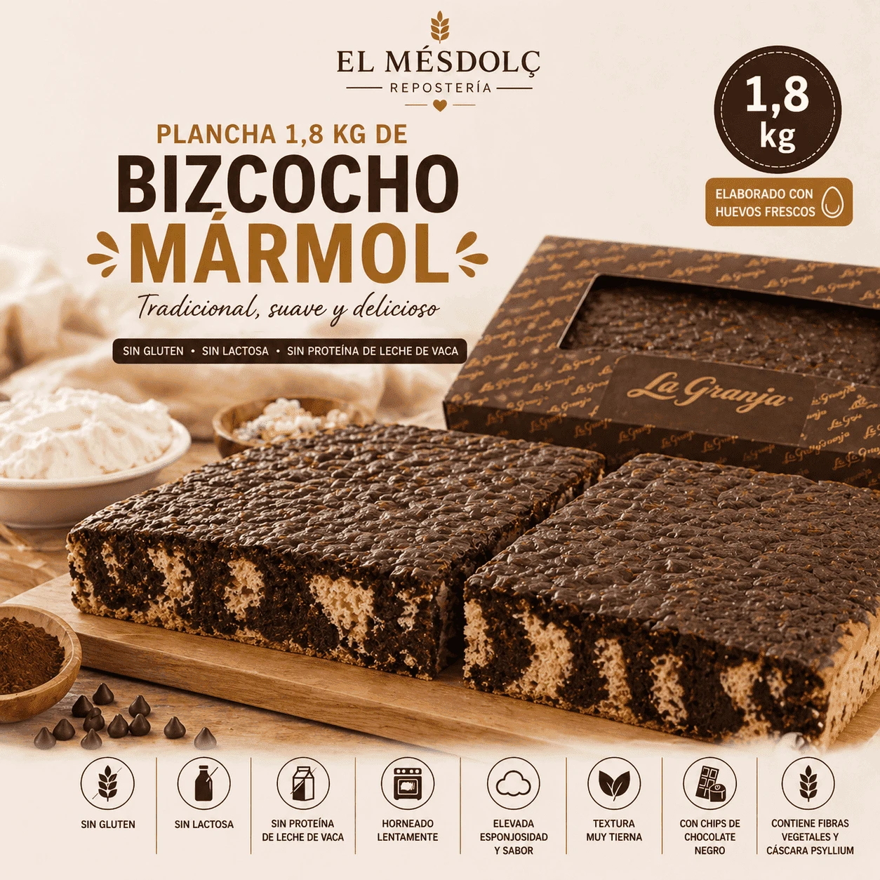 Plancha 1.8kg Bizcocho Mármol Sin Gluten Sin Lactosa - Comprar Bizcochos online | El Mes Dolç
