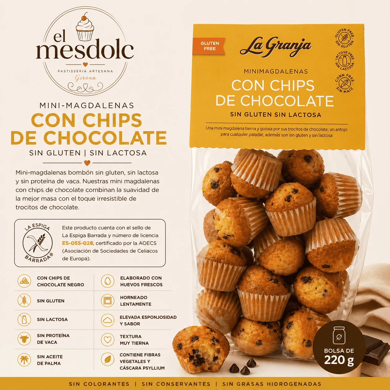 Mini Magdalenas Chips Chocolate Sin Gluten Sin Lactosa LA GRANJA - Comprar Magdalenas online | El Mes Dolç