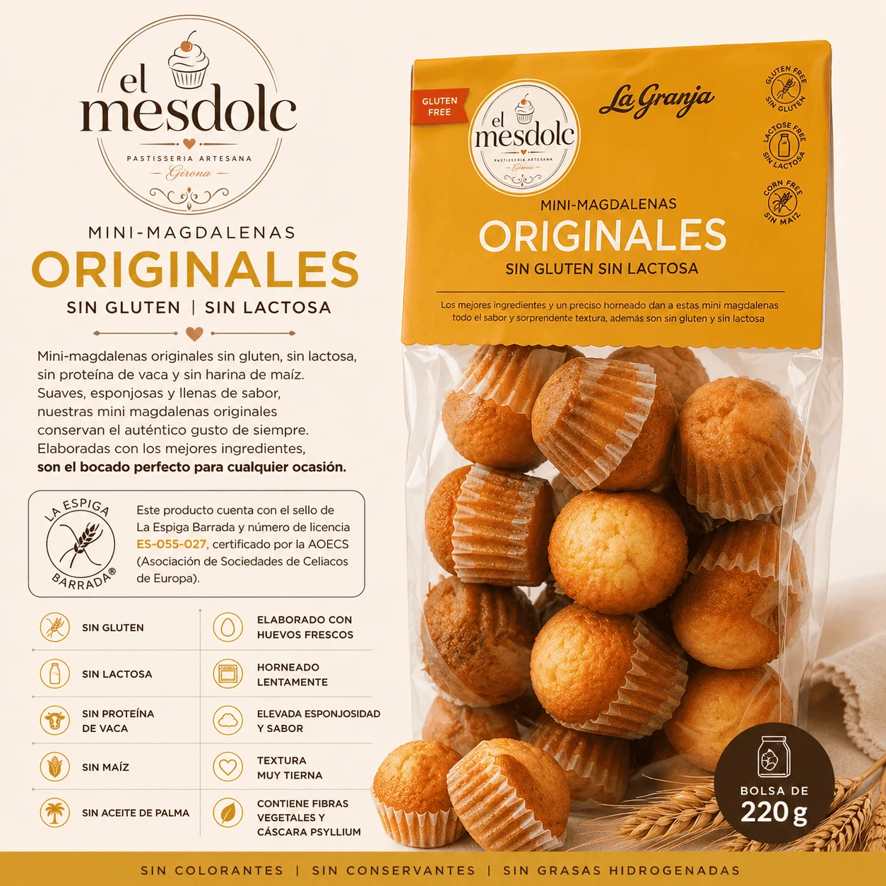 Mini Magdalenas Tradicionales Sin Gluten Sin Lactosa LA GRANJA - Comprar Magdalenas online | El Mes Dolç