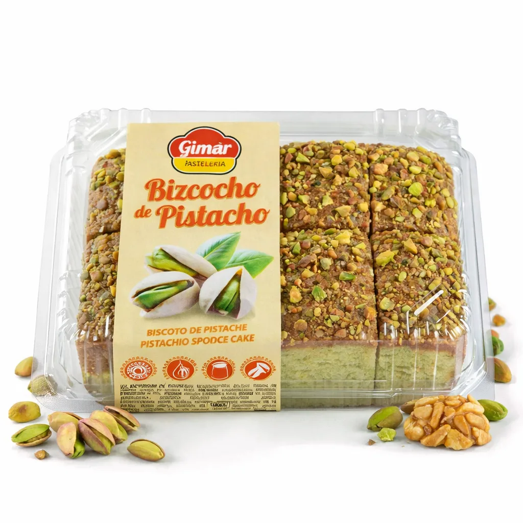 Bizcocho de pistacho Gimar con miga verde esponjosa y aroma a fruto seco
