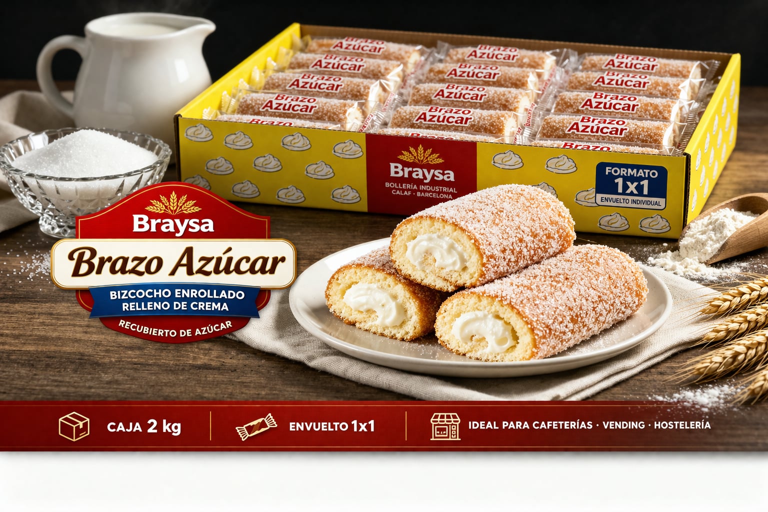 Brazo de azúcar Braysa, bizcocho enrollado y esponjoso cubierto de azúcar