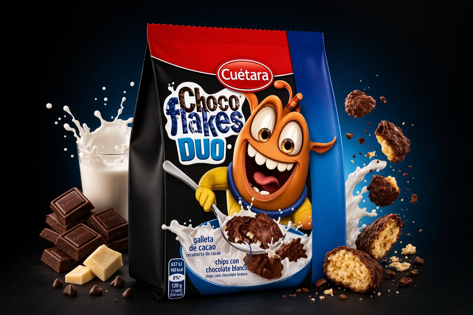 Choco Flakes Duo de Cuétara, copos con chocolate con leche y blanco