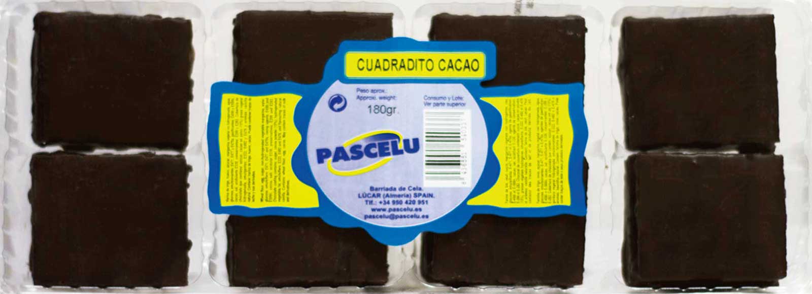 Cuadradito de cacao Pascelu con miga tierna y sabor intenso a chocolate
