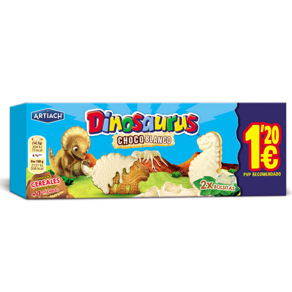 Galleta con chocolate blanco Dinosaurus de Artiach, base crujiente con cobertura cremosa