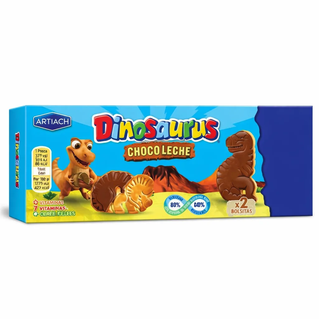 Galleta de chocolate con leche Dinosaurus de Artiach, base crujiente cubierta de chocolate