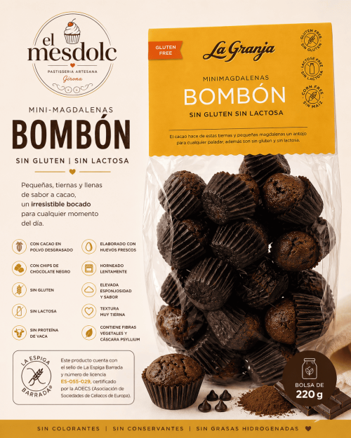 Mini magdalena bombón sin gluten sin lactosa La Granja, bocado de chocolate, tamaño mini