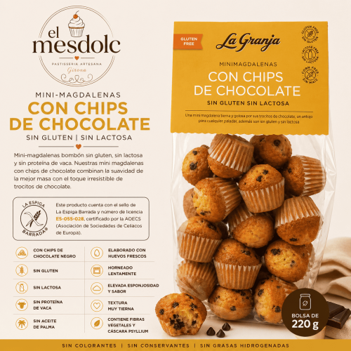 Mini magdalena con chips de chocolate sin gluten sin lactosa La Granja, pepitas de chocolate