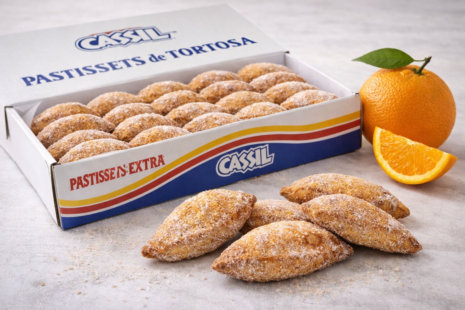 Pastisset relleno de naranja Cassil, hojaldre dorado con crema cítrica.