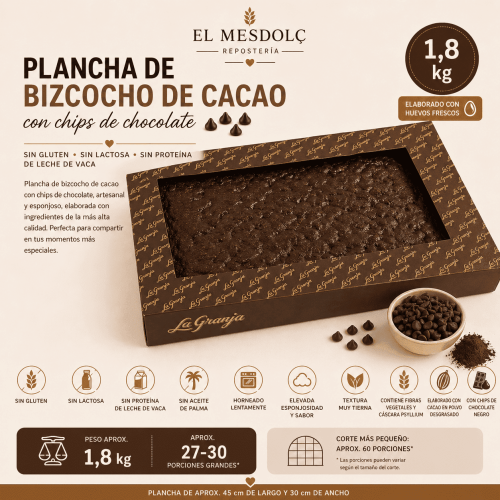 Bizcocho de cacao con chips La Granja, sin gluten y con trozos de chocolate