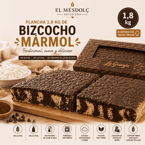 Bizcocho mármol sin lactosa La Granja, vetas de vainilla y cacao, sin gluten
