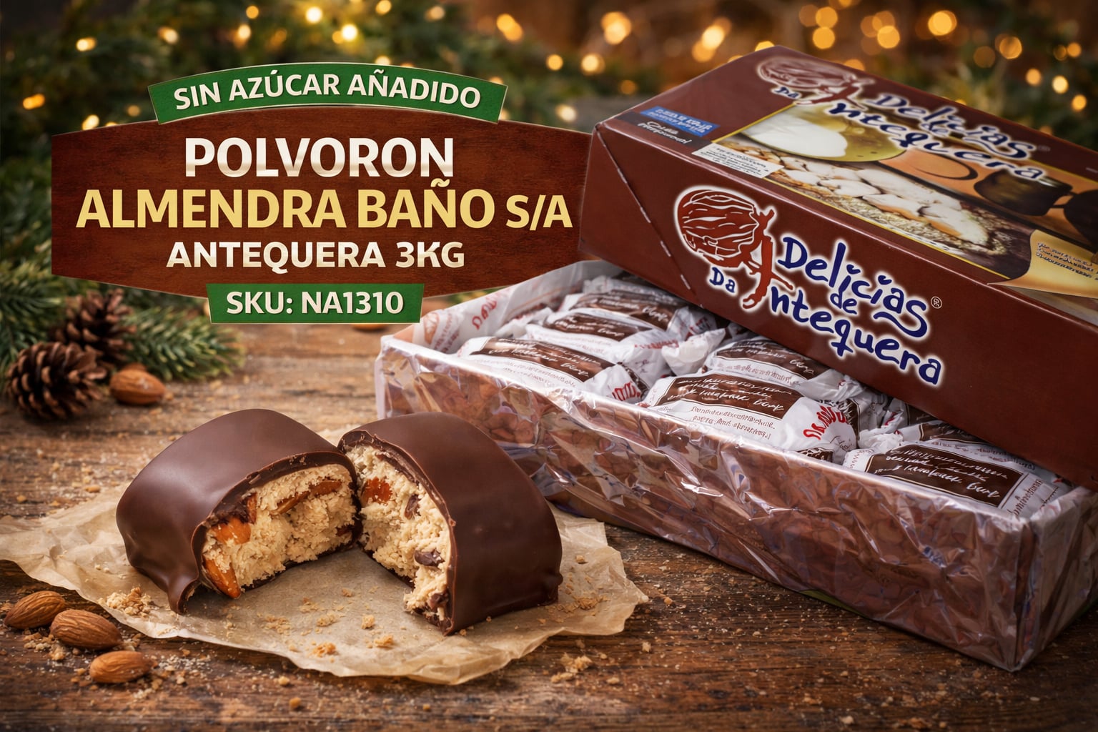 Polvorón de Antequera sin azúcar Delicias de Antequera, con almendra y baño de chocolate