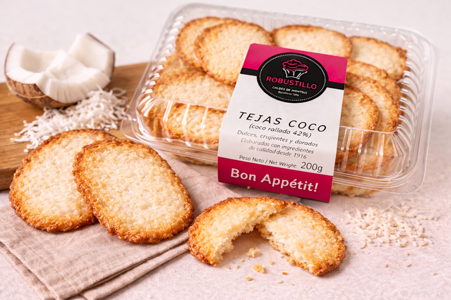 Tejas de coco Robustillo, finas y crujientes con aroma dulce a coco tostado