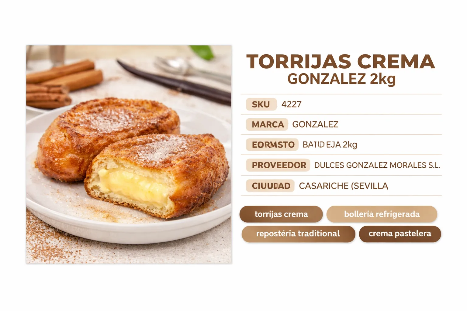 Torrija de crema Productos González, rellena y dorada con aroma a canela.