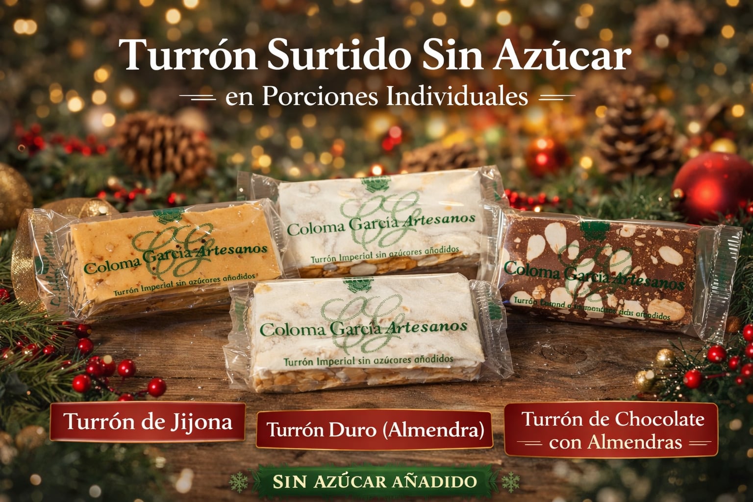 Turrón surtido sin azúcar Coloma García, almendra tostada y textura variada