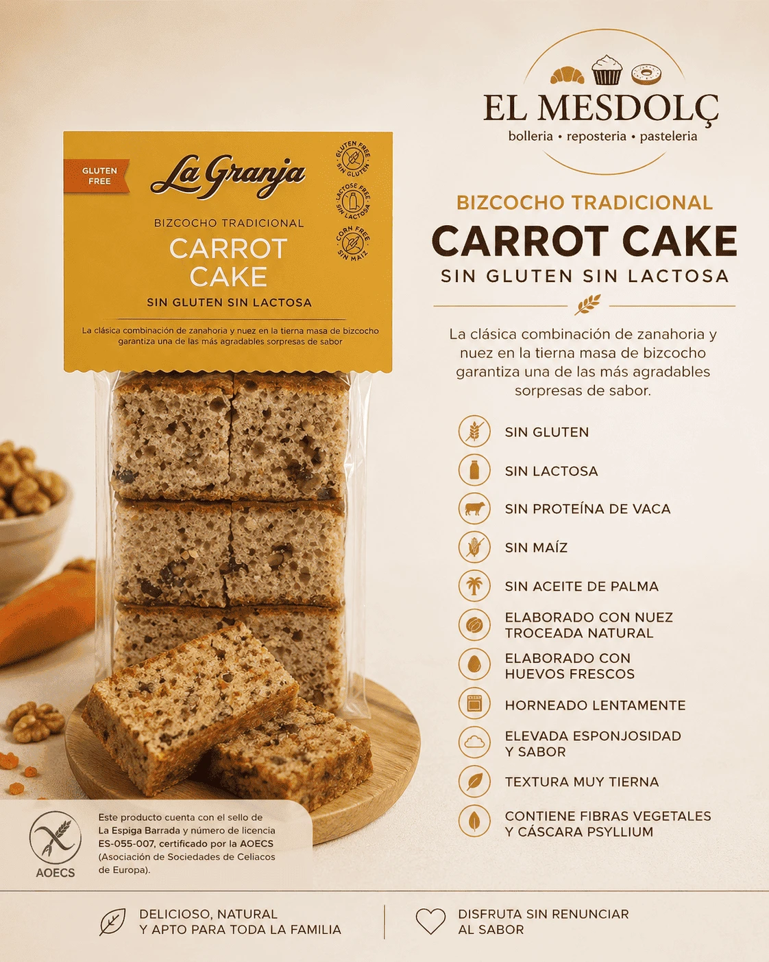 Bizcocho Carrot Cake Sin Gluten Sin Lactosa La Granja - Comprar Bizcochos online | El Mes Dolç