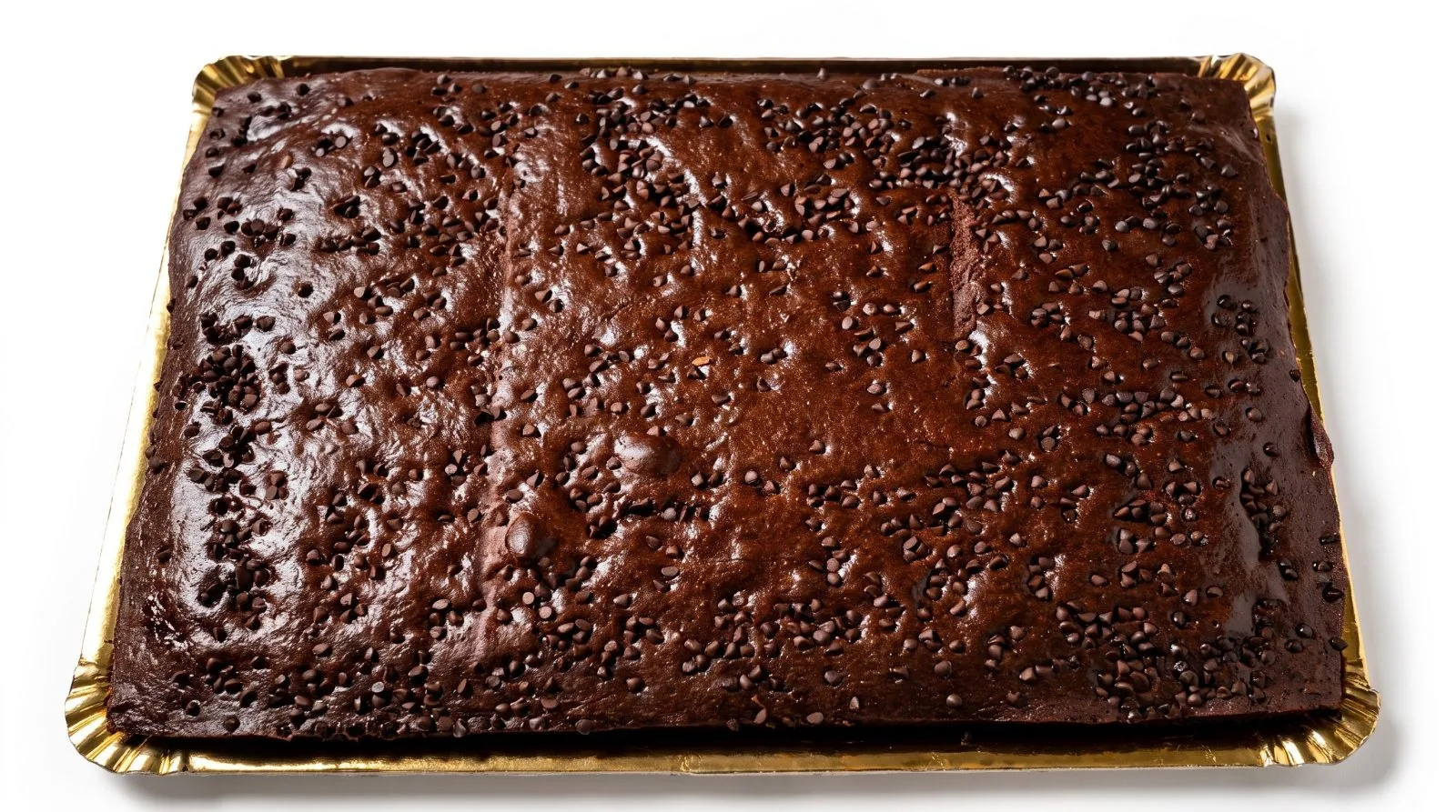 Plancha entera de bizcocho de chocolate con pepitas Gerbolés, formato de 2 kg, en bandeja dorada