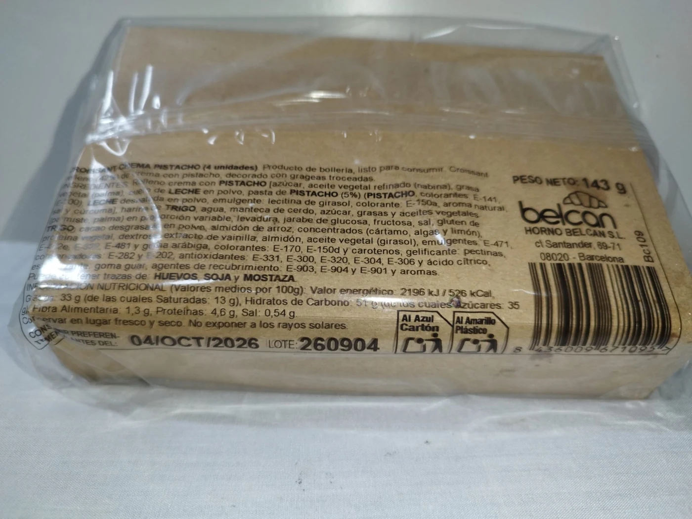 Etiqueta del croissant de crema de pistacho Belcan con ingredientes y alérgenos